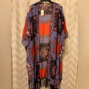 Western Print Plus Size Sheer Kimono Fringe